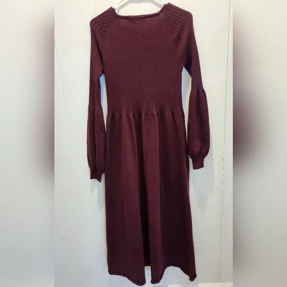 Zara Ribbed Balloon Sleeve Maroon Knit Dress Large Jumper Sweater Maxi Stretch - Picture 3 of 11